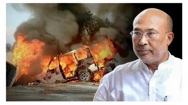 amit shah against a picture of arson in Manipur