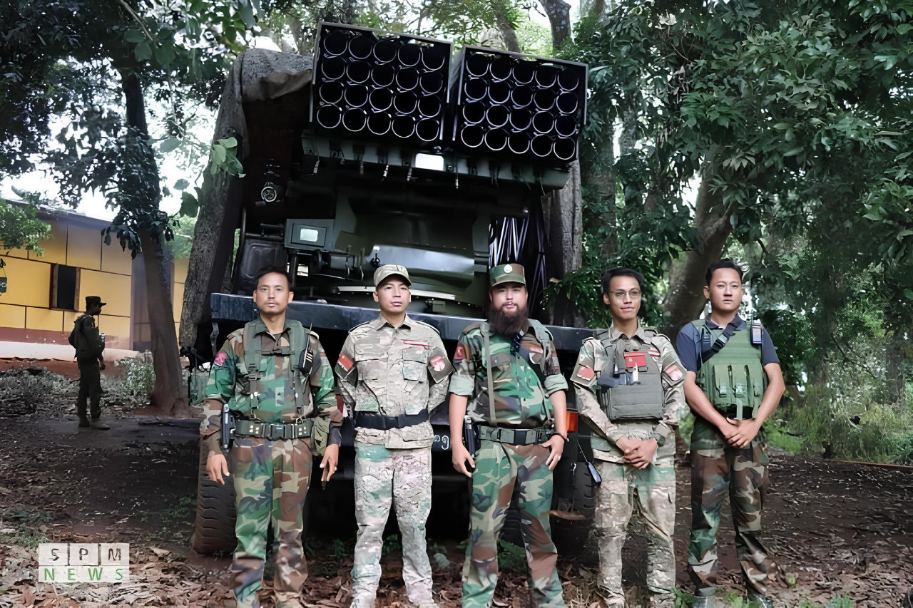 TNLA-Ta’ang army officers with a captured multiple rocket launch system in Naungcho Township. (People's Spring 7/10)
