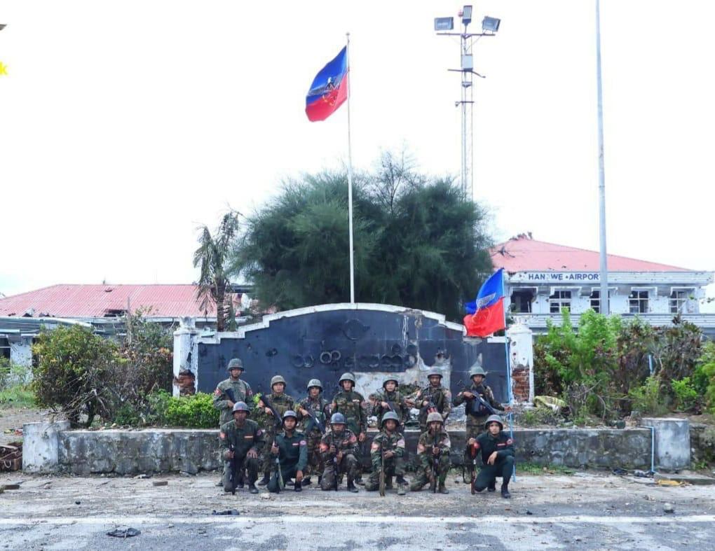 Victorious Arakan Army soldiers at the war-damaged Thandwe Airport. (People's Spring 7/7)