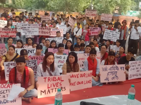 Chakmas protest in New Delhi, demanding justice for attacks on indigenous communities in Bangladesh.