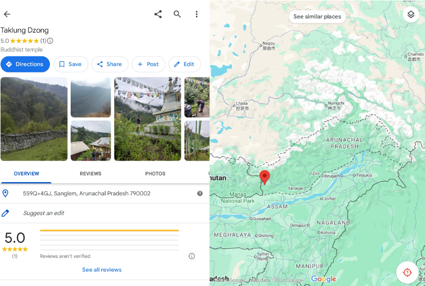 Google Map showing Disputed land in Arunachal Pradesh