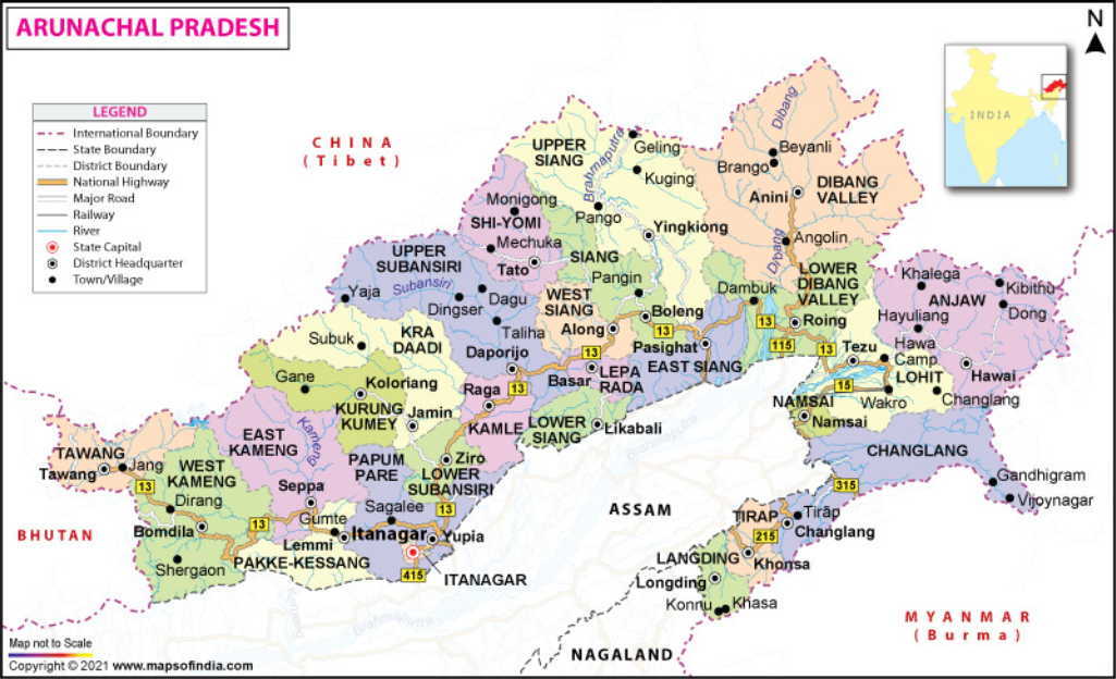 Map showing all the Districts of Arunachal Pradesh