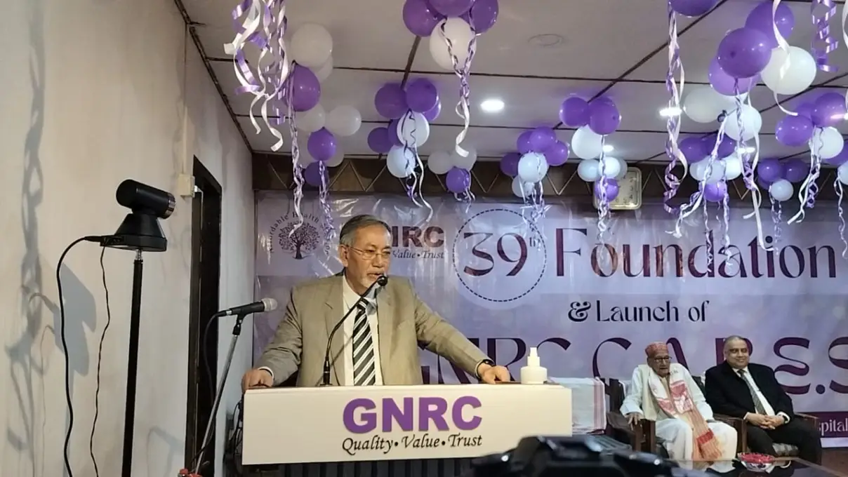 Dr. Nomal Chandra Borah, Chairman and founder of GNRC Hospitals speaking during the foundation day celebration at the Dispur unit of the hospital.